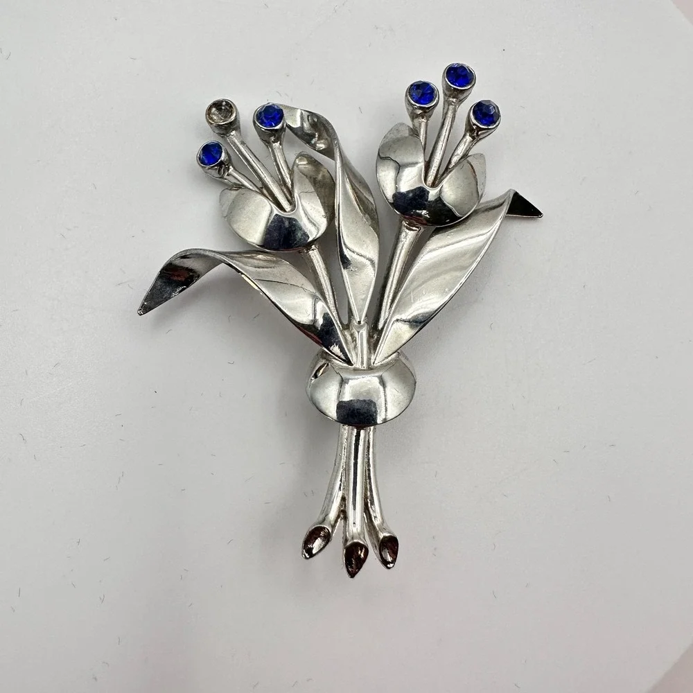 VTG Y2K Silver Tone Blue Rhinestone Floral Brooch Pin Women's Jewelry
